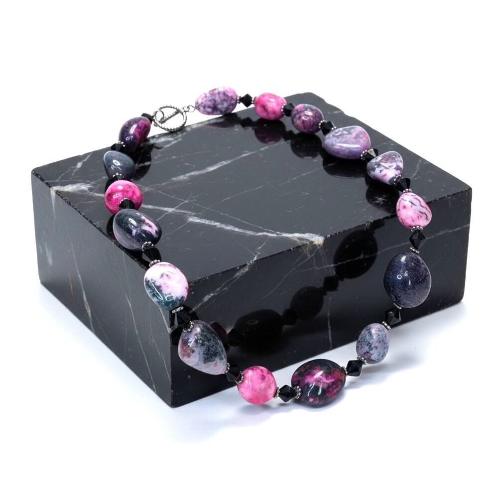 Artisan Rhodonite Sugilite Statement Necklace Pink Black Gemstone